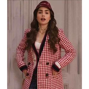 ASO Emily in Paris ZARA Red Coat Houndstooth Plaid White Small Jacket
